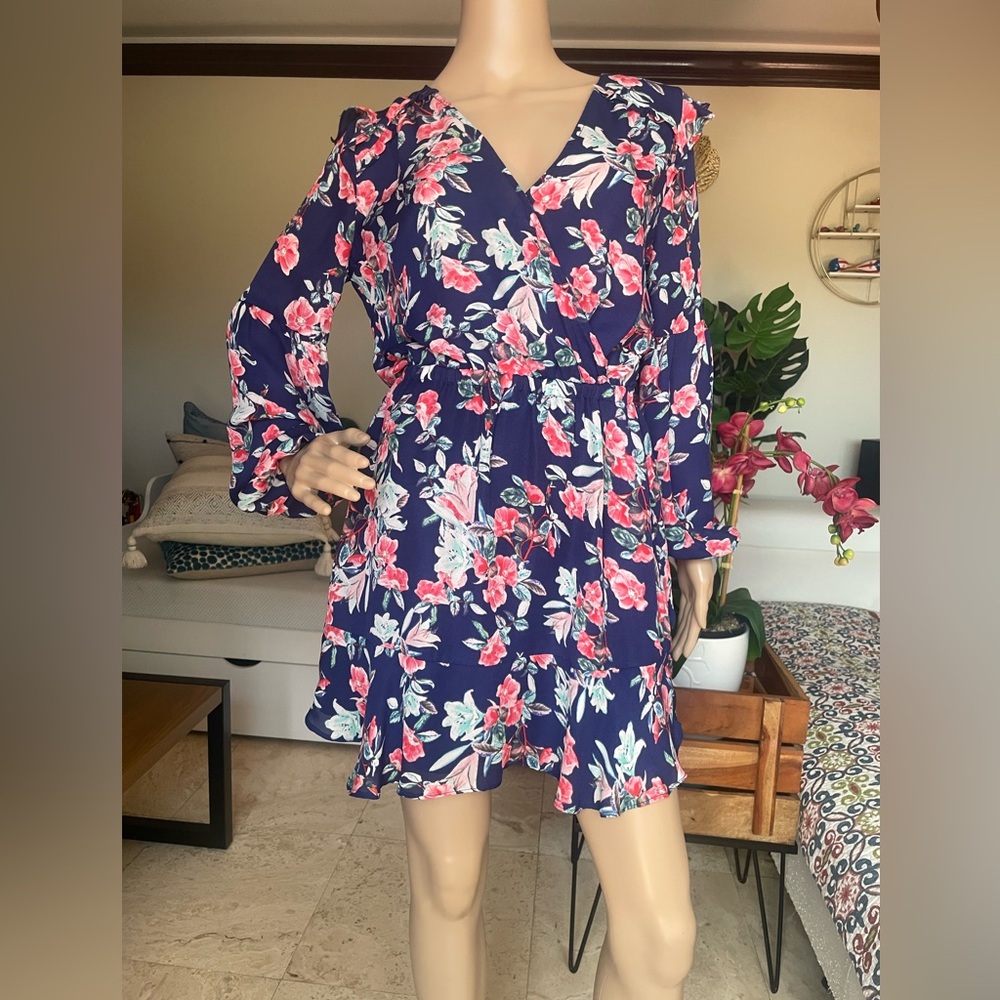 Parker Navy and Pink Floral Long Sleeve Dress